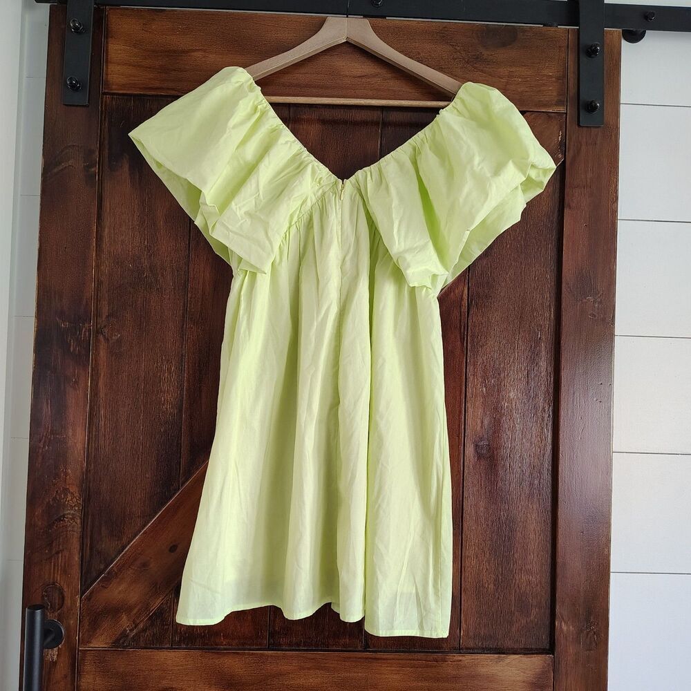 Chartreuse Babydoll Mini Dress V-Neck Flutter Puff Sleeve Women’s Large - Picture 5 of 11